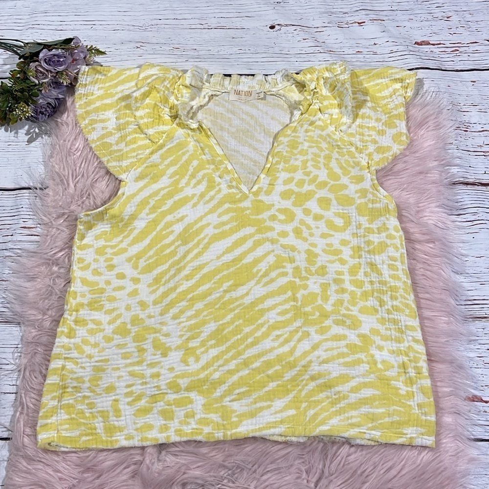 NATION LTD Frilly Wild Yellow Spotted Gauze Sleeveless Top